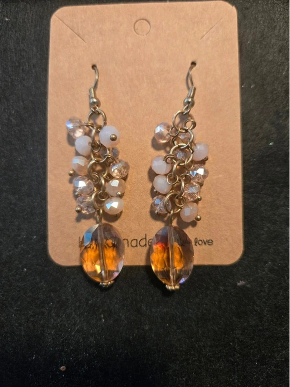 Handmade Beaded Dangle Earrings with Amber and Clear Beads